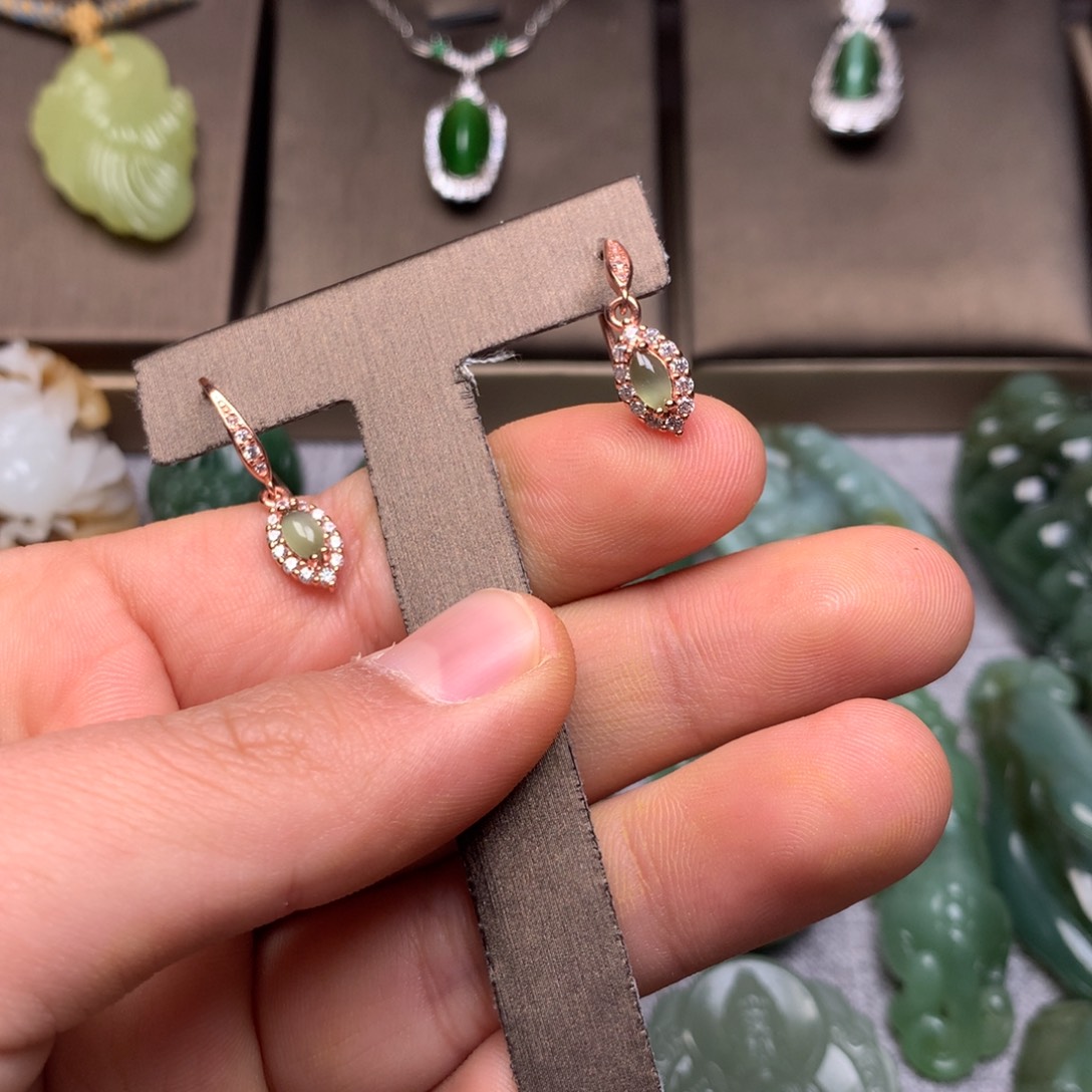 和田玉银S925镀金镶嵌耳饰