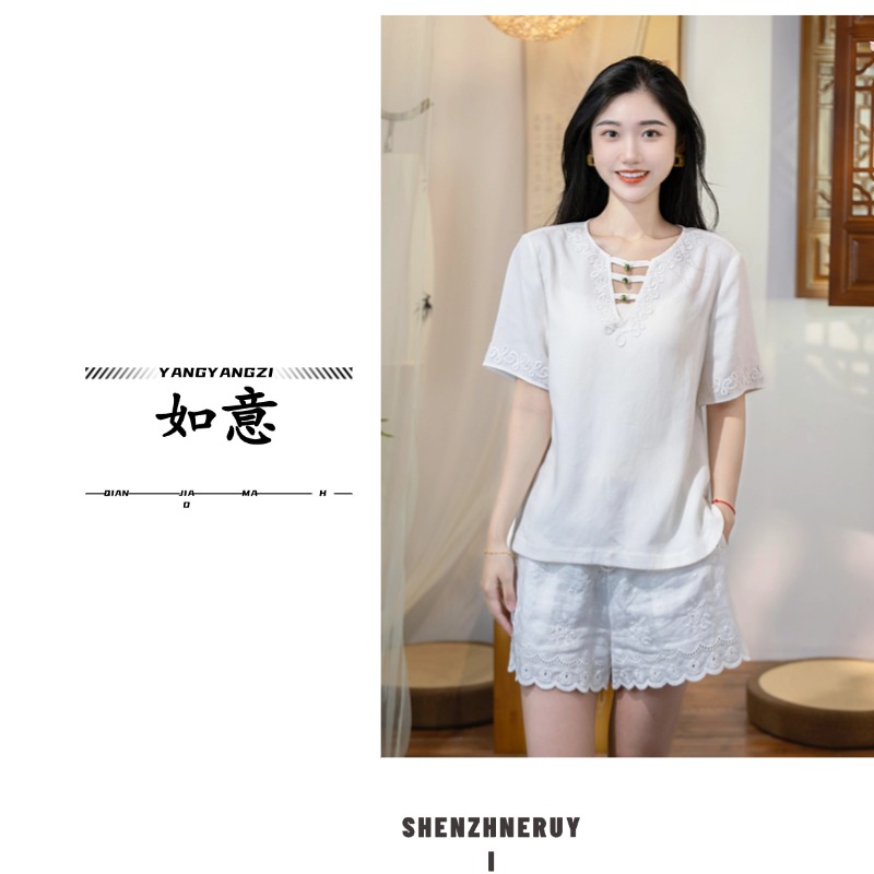 【如意服饰】新中式国潮高级定制V领刺绣亚麻蕾丝百搭夏季T恤JC1126