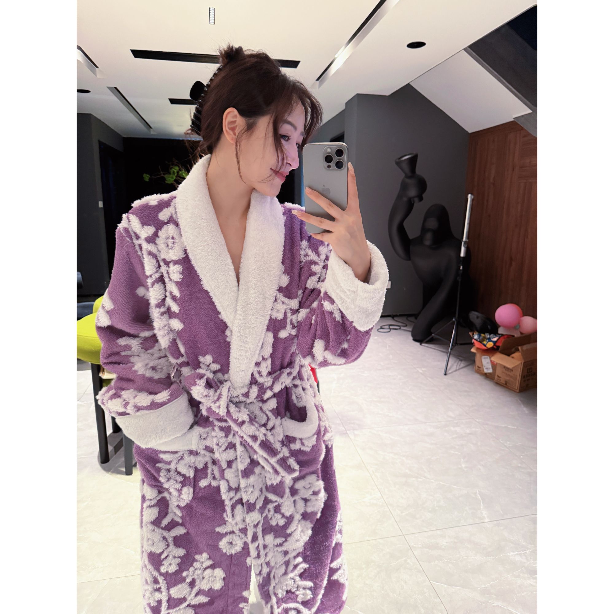 doubleoo加长加厚法兰绒立体提花紫色睡袍女士秋冬长款保暖珊瑚绒