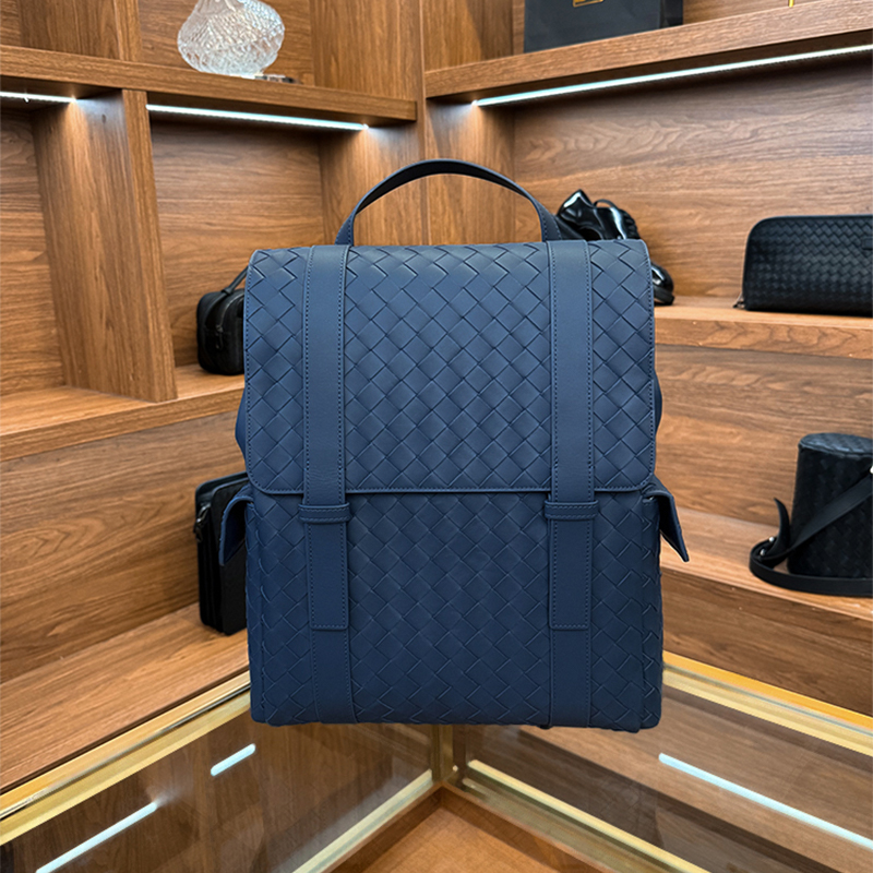 BV头层胎牛皮纯手工编织蓝色男士双肩背包潮流多功能双肩包轻奢