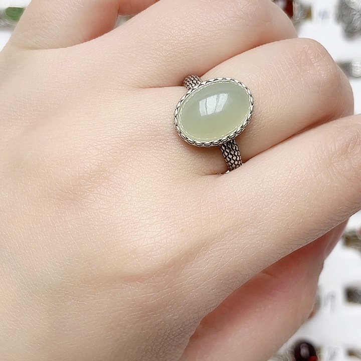 和田玉戒指银S925镶嵌天然