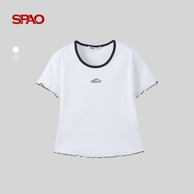 SPAO2025韩国同款芭蕾系列撞色领子木耳边圆领T恤SPRPF24G70