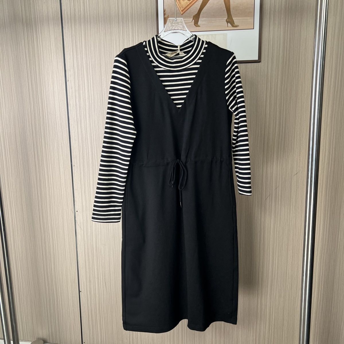 6919撤柜撤柜LD秋季新款时尚气质女装长袖条纹假两件连衣裙