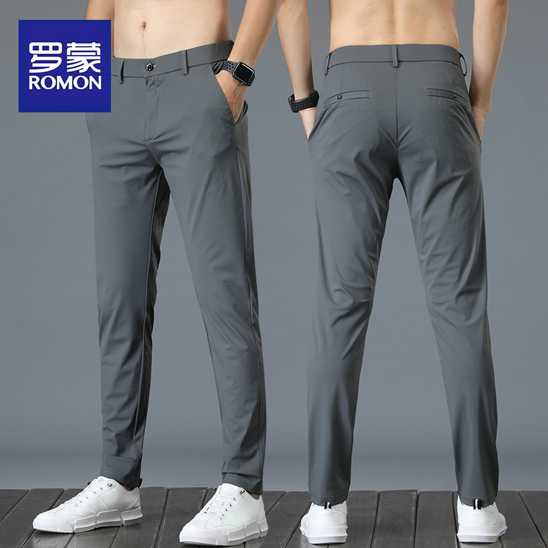 罗蒙冰丝休闲裤男士修身直筒夏季薄款弹力百搭九分西裤长裤子男款