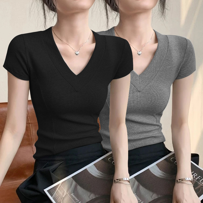 欧若风简约韩系百搭V领短袖t恤女2025夏季显瘦设计感鱼骨修身上衣