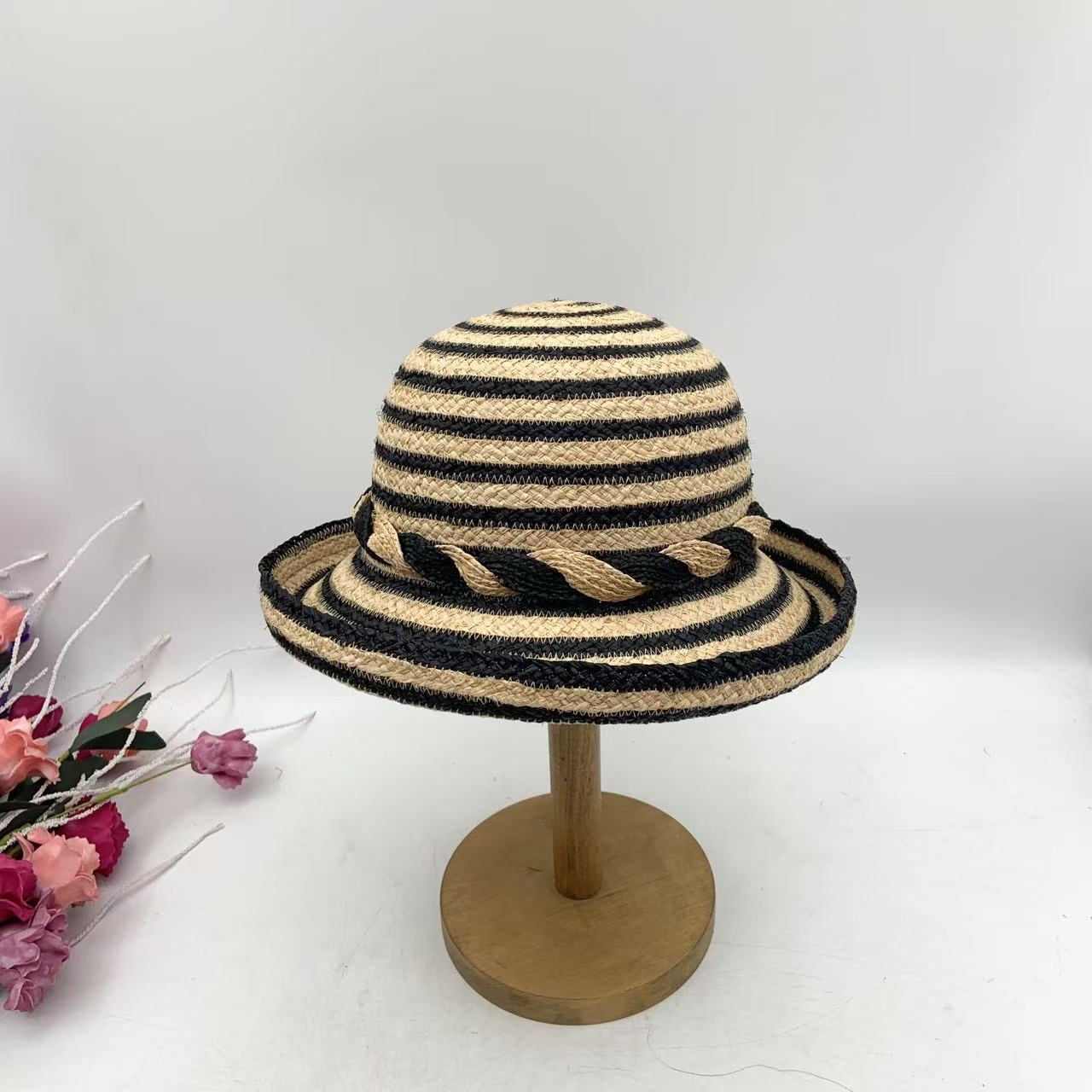 遮阳防晒拉菲草辫枝子机拼接卷沿帽