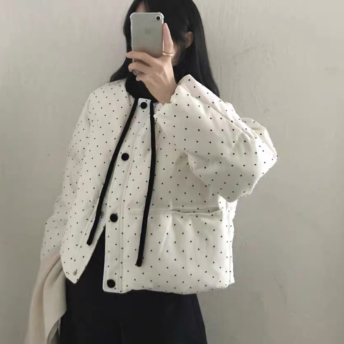 冬季新款波点领口抽绳韩系棉服