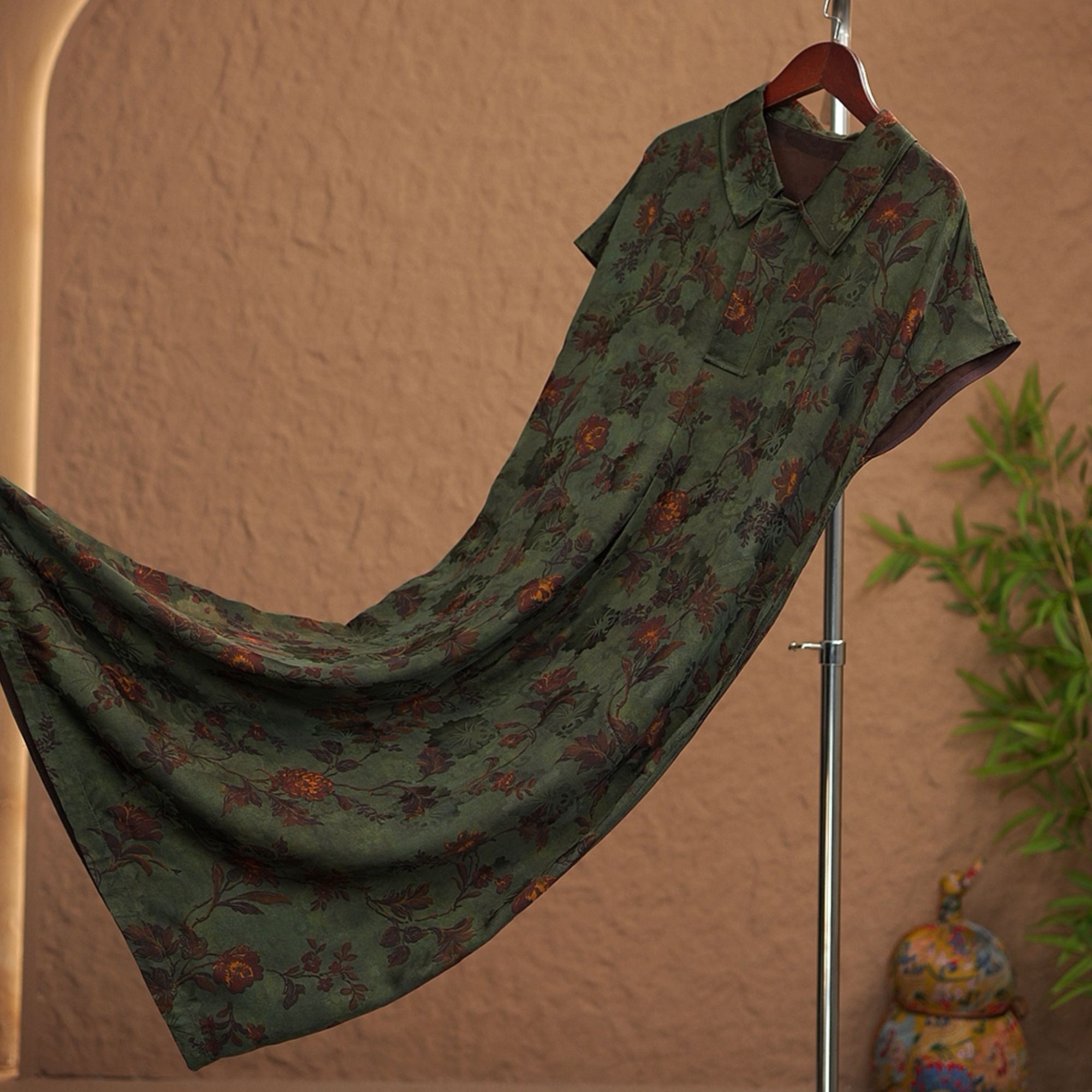 8979款正品双面穿夏季提花短袖宽松腰气质唐装印花连衣裙