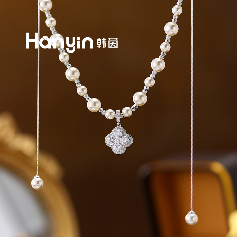 铜合金仿珍珠项链 韩版爆款进口渐变摩卡慕斯珠圆花四叶草项链AAA