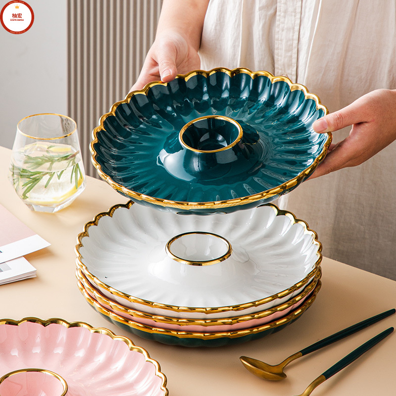 轻奢高颜值ins家用陶瓷饺子常备盘带醋碟寿司盘分格盘水饺虾盘子