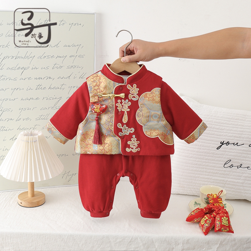 百天婴儿衣服冬季装连体衣加厚宝宝国风周岁外出服秋冬过年拜年服