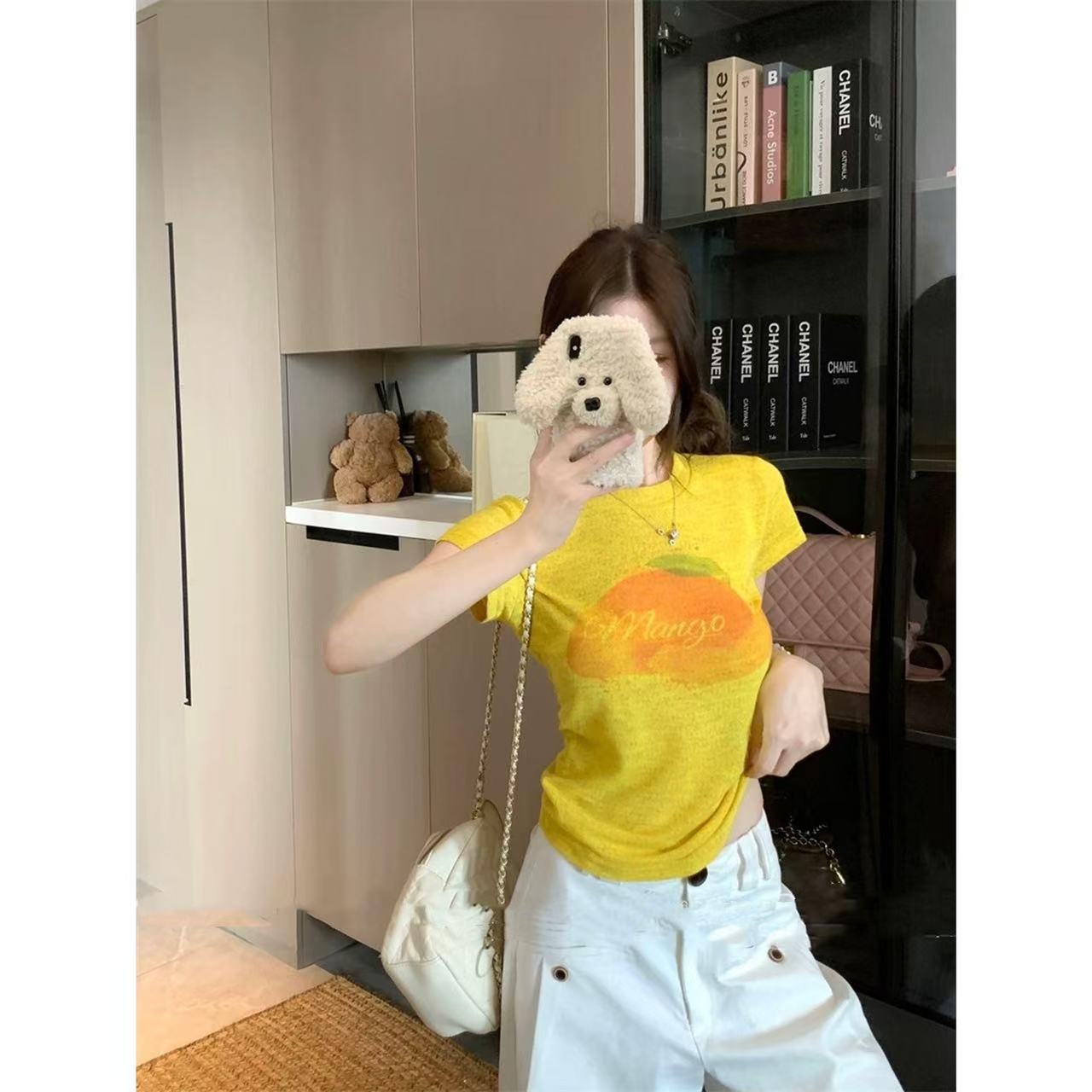 【小芒果】夏辣妹正肩修身显瘦打底芒果黄色T恤.
