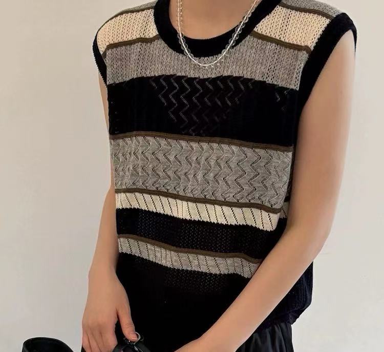 5491号22882#秋百搭圆领撞色休闲显瘦条纹针织背心