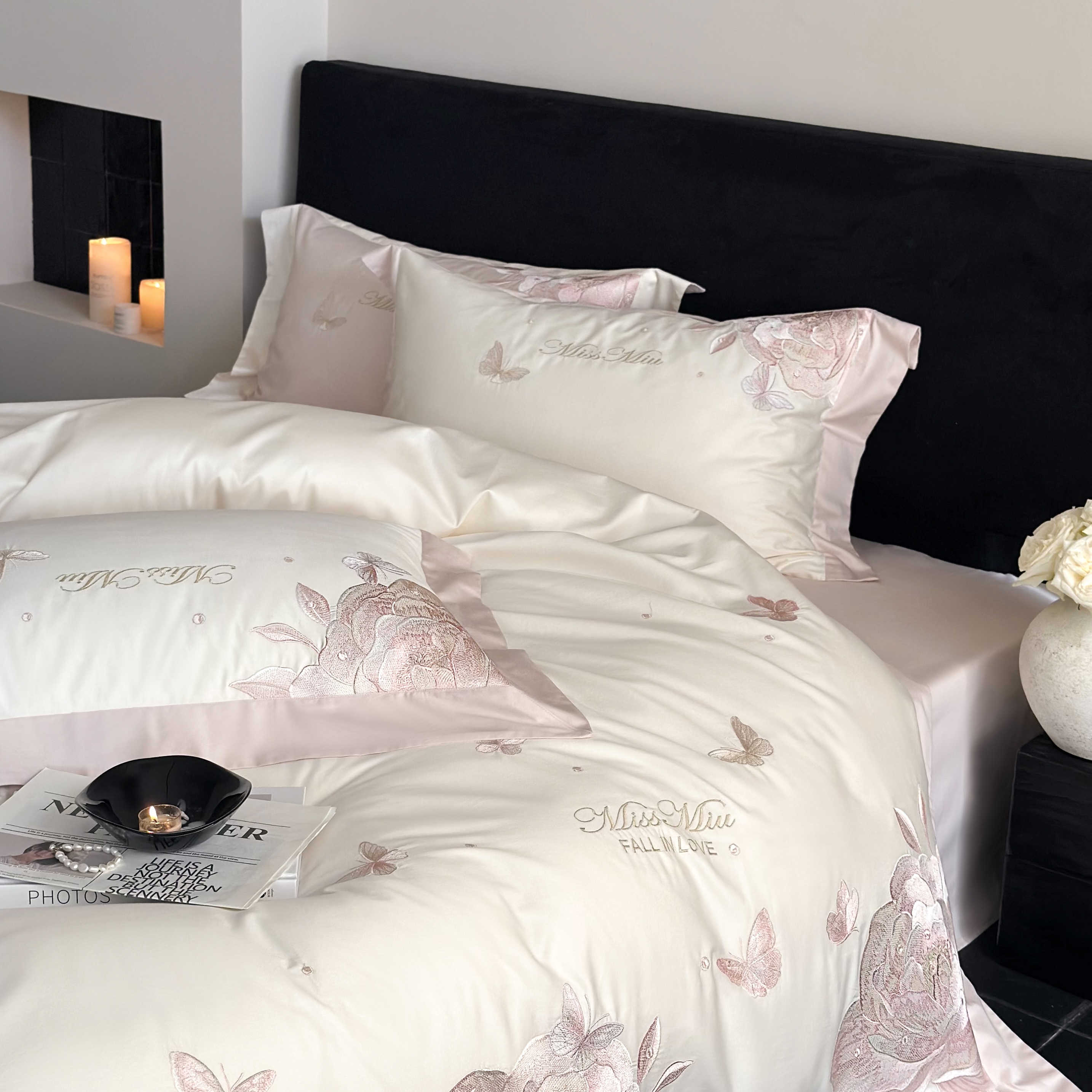 高端轻奢100支长绒棉四件套全棉贡缎刺绣极简风裸睡亲肤被套床品4