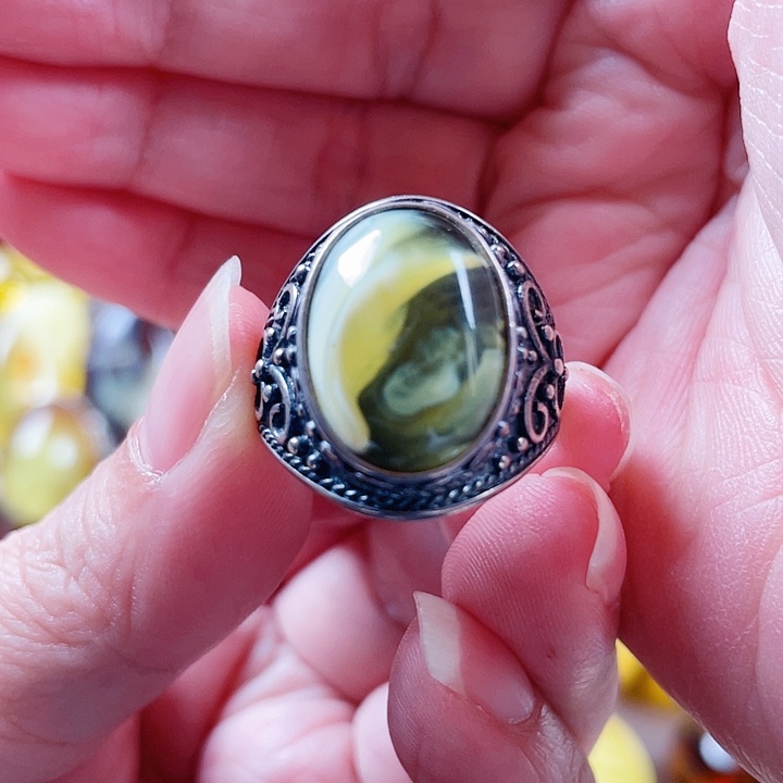 琥珀银S925镶嵌裸石戒指