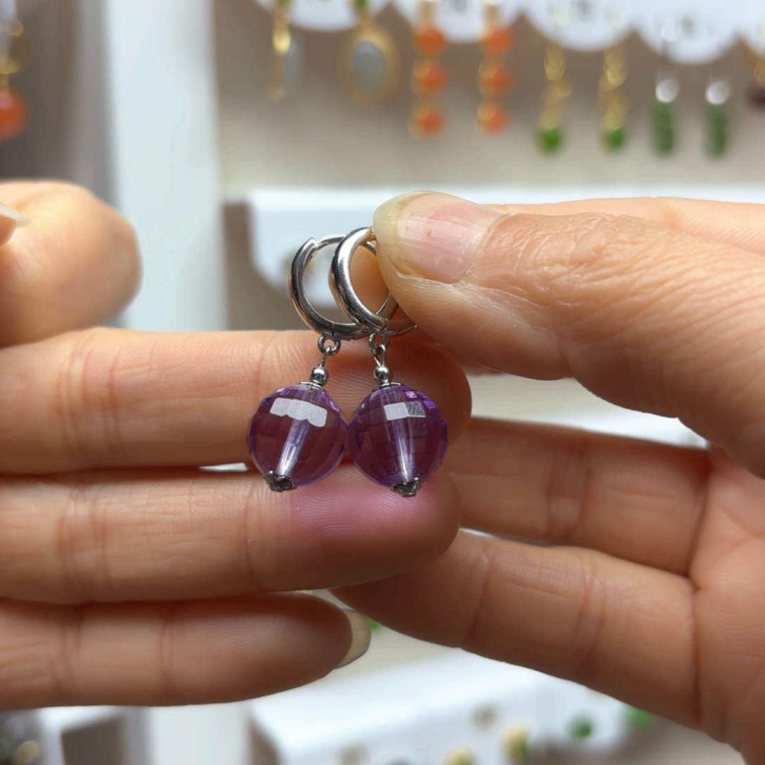 水晶耳饰银S925镶嵌紫水晶