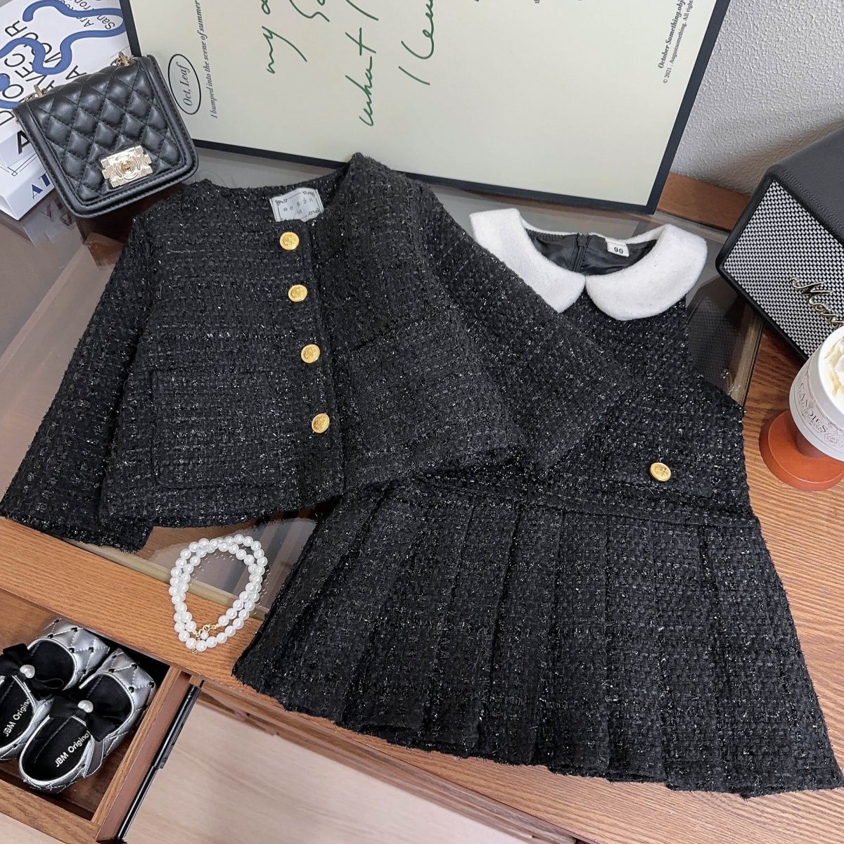 新款2024女童小香风套装冬季韩版洋气时尚小女孩外套背心裙两件套