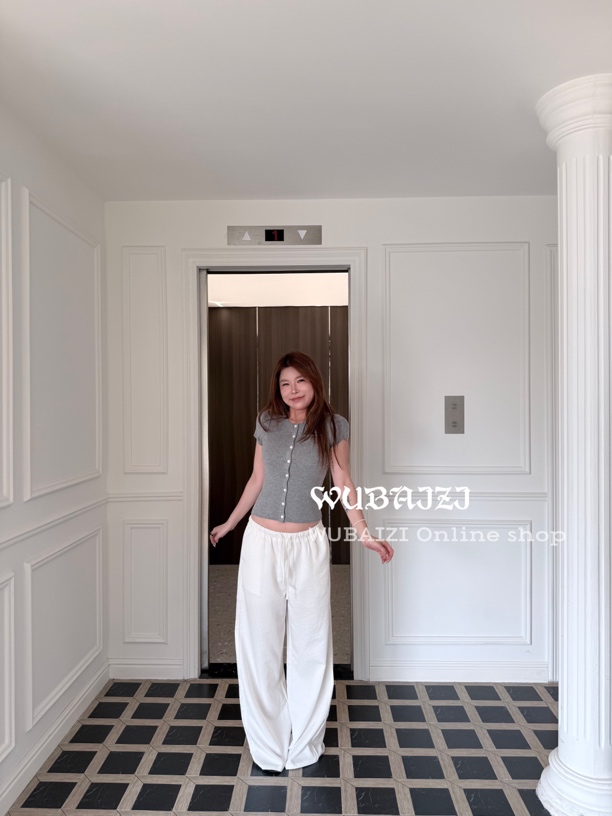 WUBAIZI 夏季新款松弛感休闲裤松紧腰亚麻抽绳长裤