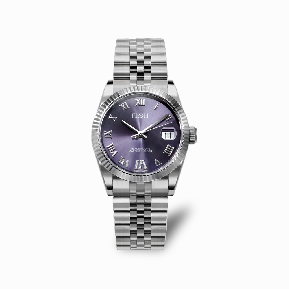 Eloli紫色盘罗马刻度钢带石英女士腕表 EL-1413D