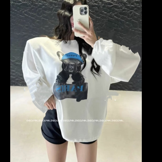 秋冬新款【蓝色帽帽狗狗】加绒宽松垫肩大T