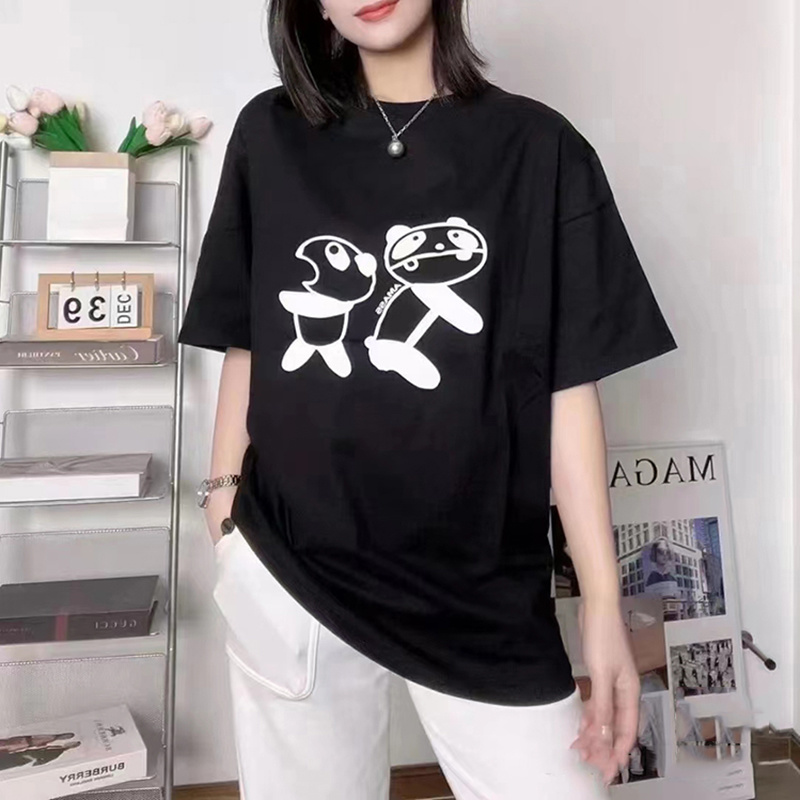 商场同款25夏时尚休闲创意黑色宽松圆领印花短袖T恤女装5300858