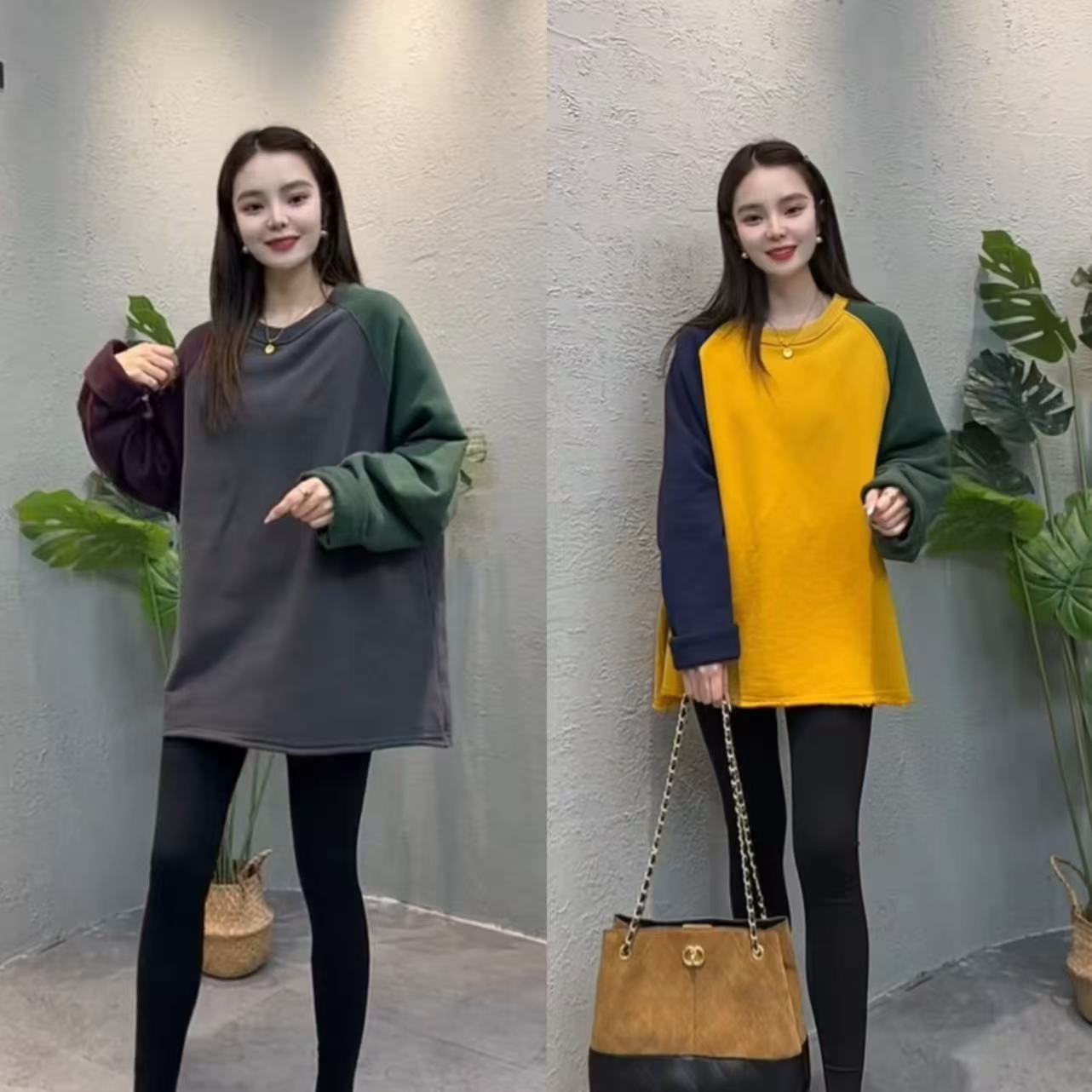 YM81080秋冬新款韩版拼色宽松休闲加厚加绒圆领套头卫衣女