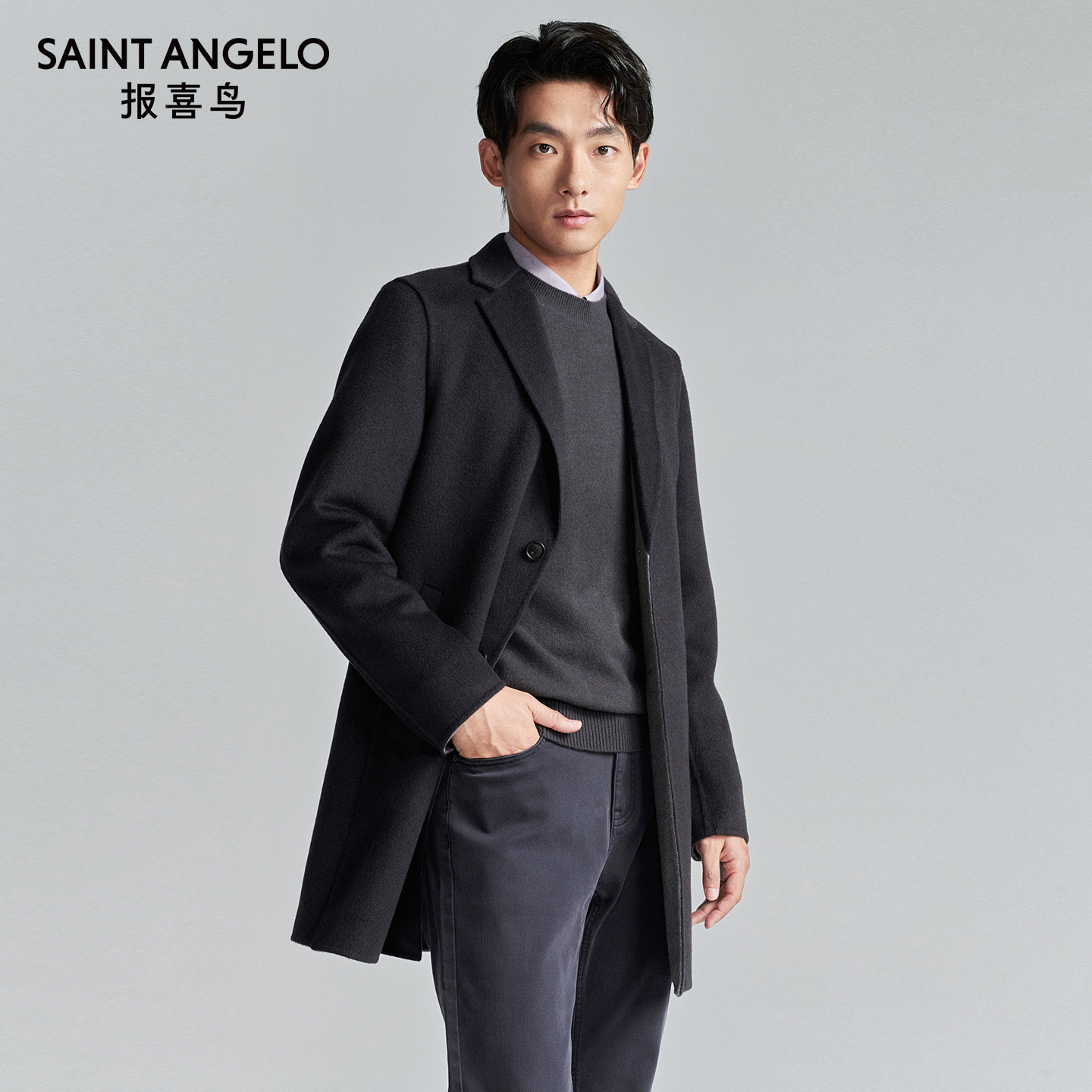 【羊毛】报喜鸟冬季男士商务休闲西服领保暖羊毛大衣中长外套