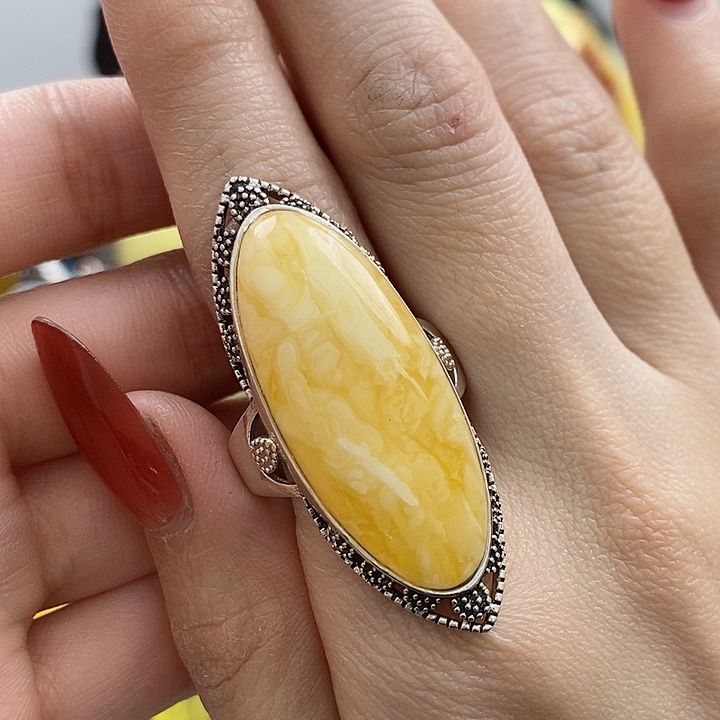 琥珀戒指银S925镶嵌戒指