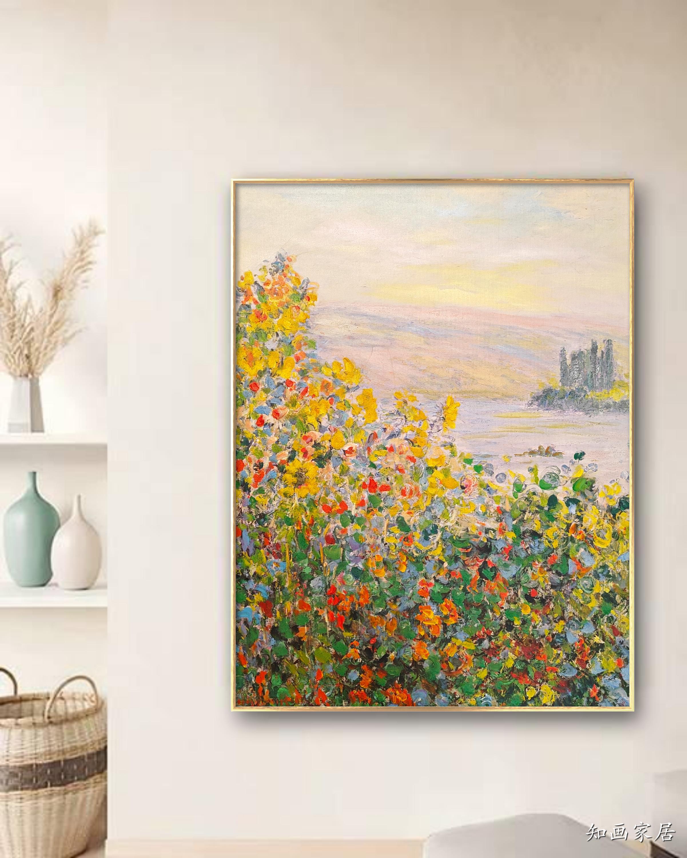 莫奈-韦特伊的花坛 玄关客厅书房装饰画 油画肌理 实木框