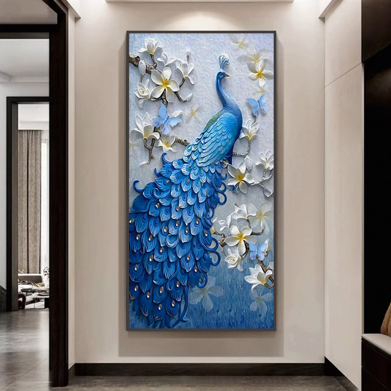 601孔雀玄关装饰画入户玄关画走廊过道背景墙挂画镶钻捡漏3