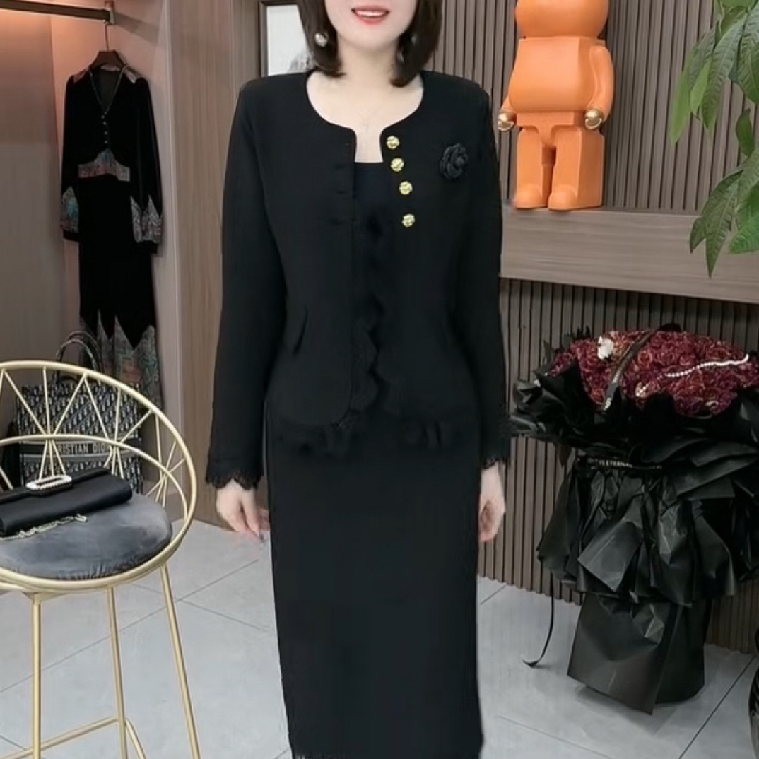 高级感小香风时尚套装女2025秋季洋气拼接蕾丝边开衫半身裙两件套