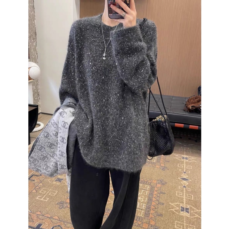 韩系秋冬新品亮片长毛宽松慵懒风圆领高奢长袖加厚满天星毛衣150