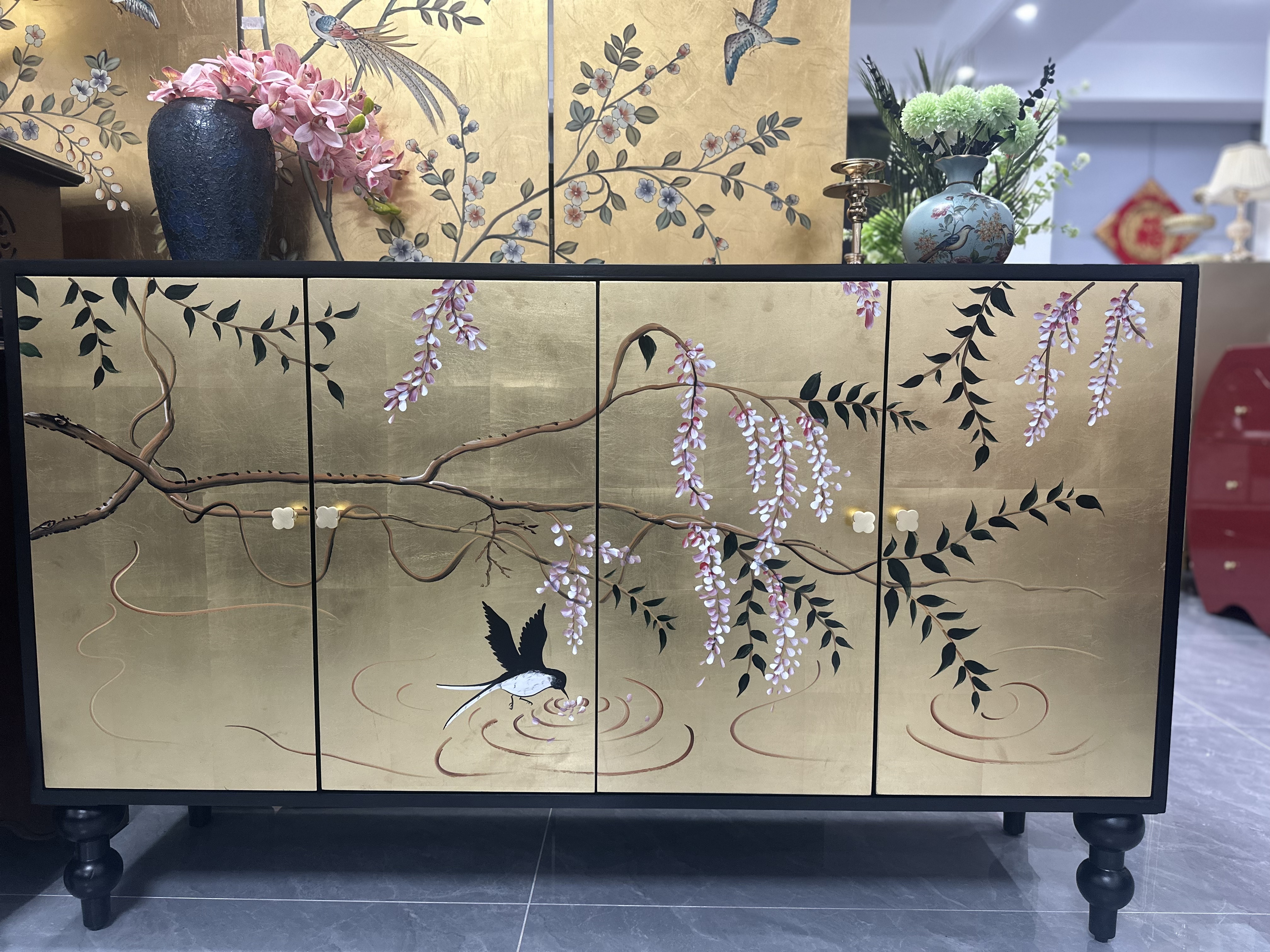 【出口外贸原单】鎏金燕栖金箔四门柜鞋柜玄关柜餐边柜