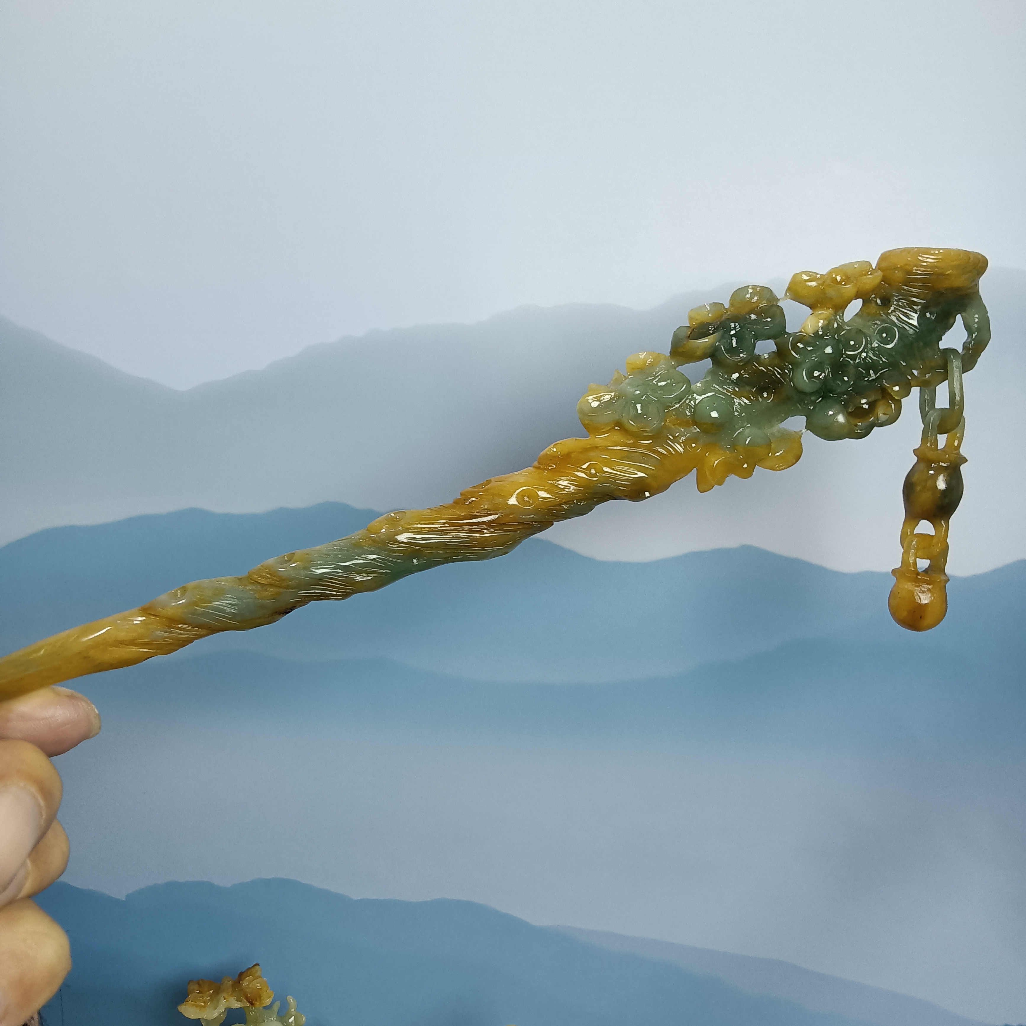 岫玉发簪手工雕刻，蓝黄一体流苏梅花棒古风
