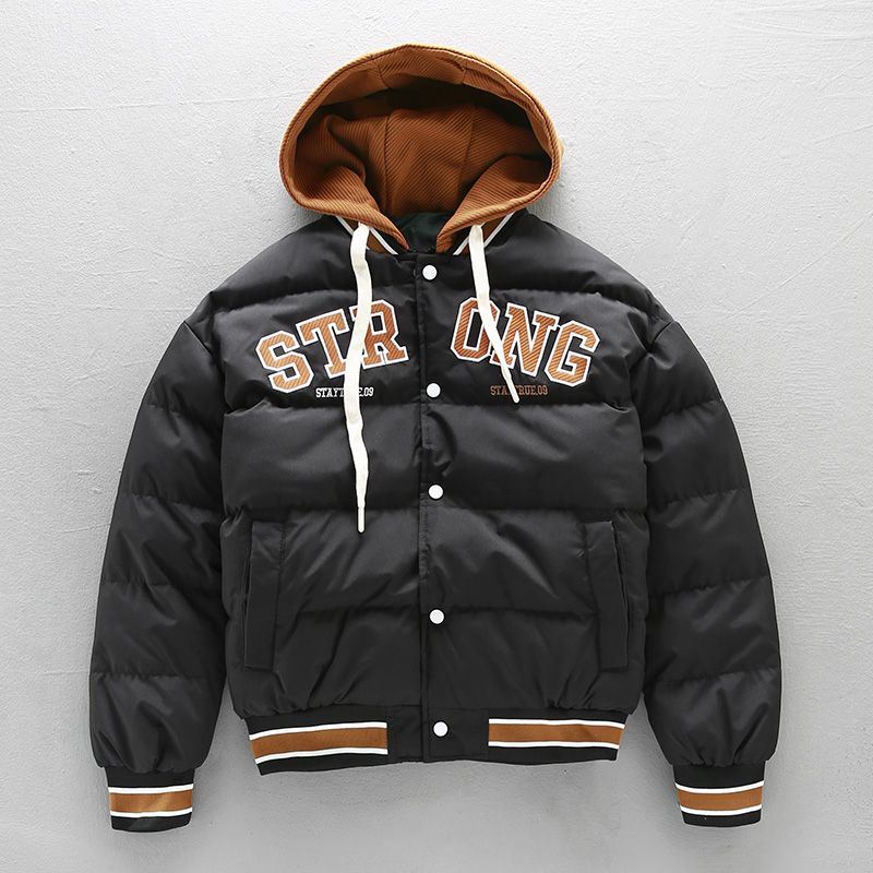 【福利】130男假两件学生螺纹下摆棉衣棒球领保暖棉服韩版连帽