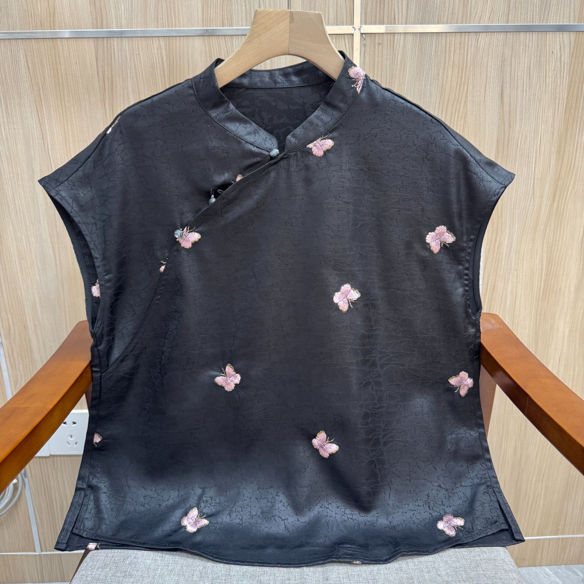 薄款短袖圆领提花常规款上衣中国风黑色背心时尚唐装1066