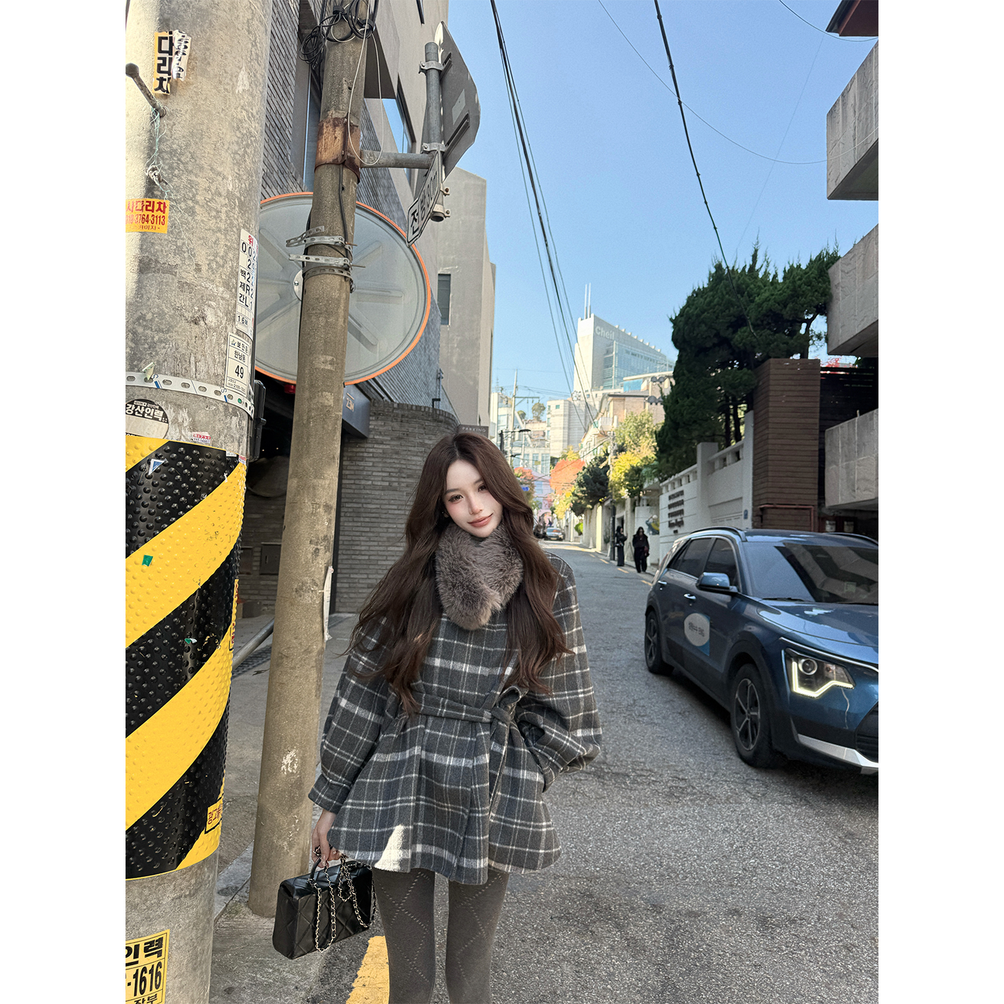 八盖pinky piggy 清潭洞欧尼 氛围感格纹双面尼大衣收腰显瘦上衣