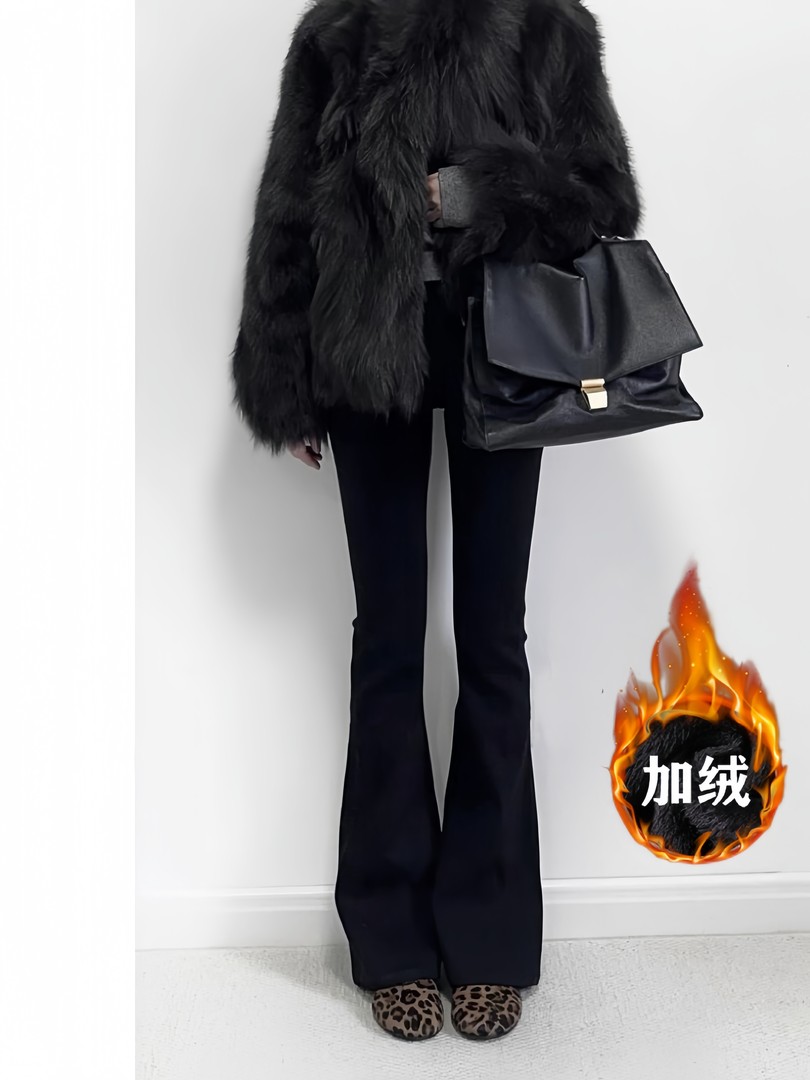 【现货+运费险】加绒黑色微喇弹力牛仔裤女秋冬高腰显瘦修身小个子