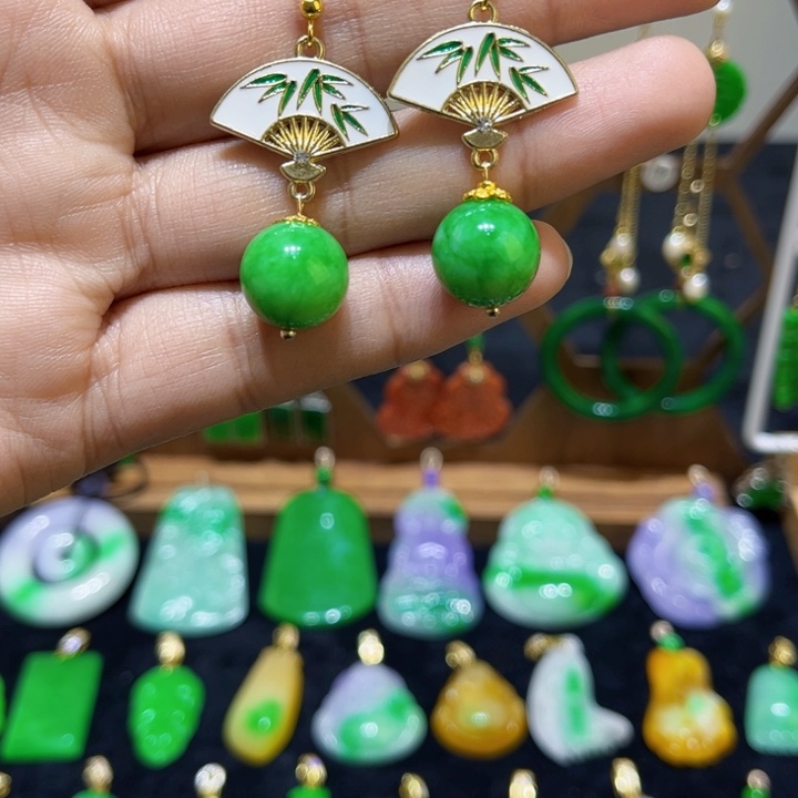 翡翠耳饰银S925镀金镶嵌耳饰