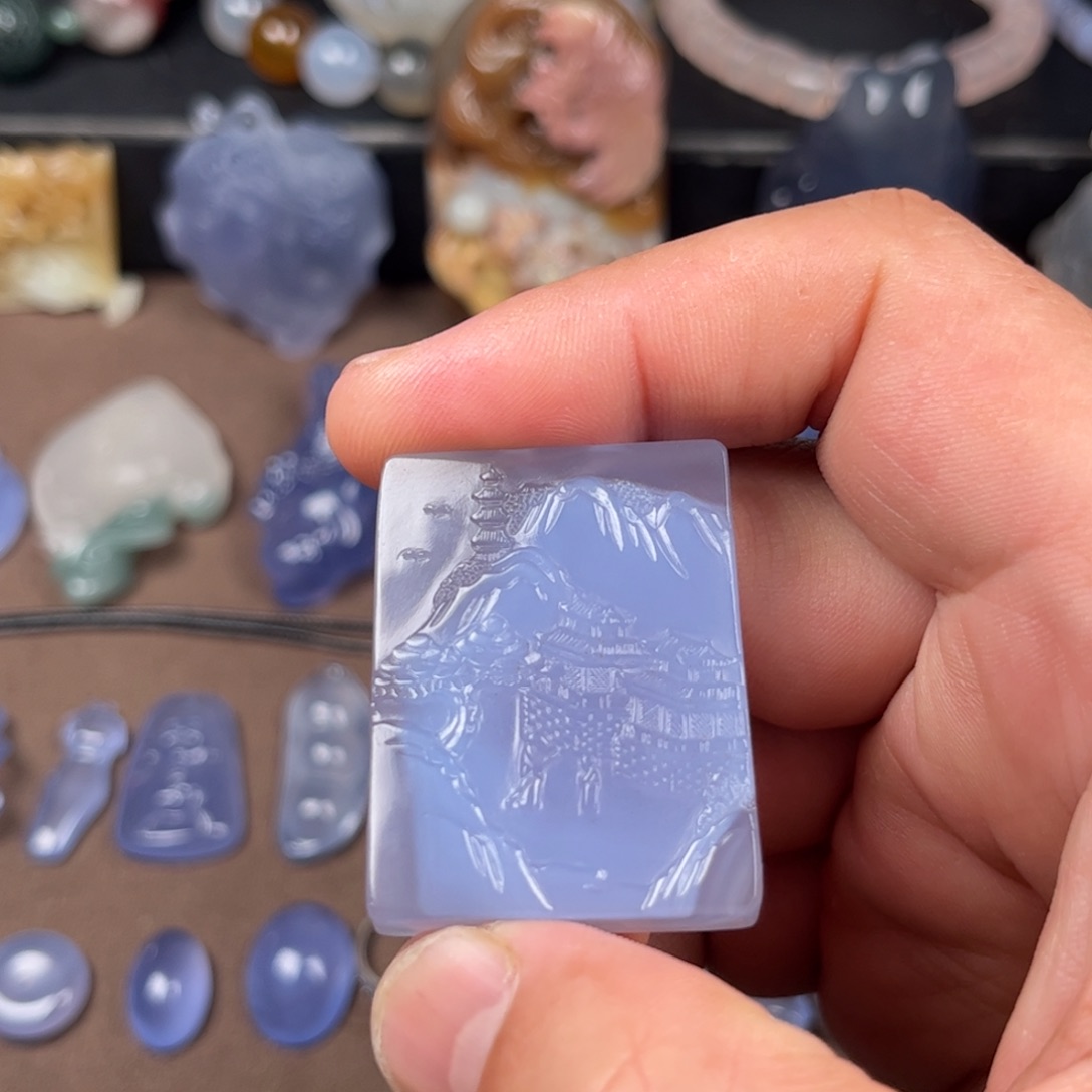 玛瑙/玉髓未镶嵌项链蓝玛瑙山水牌
