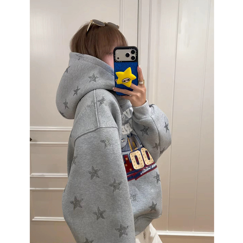 【珂塔芙】潮牌满印星星连帽卫衣女宽松慵懒风加绒加厚休闲百搭外套