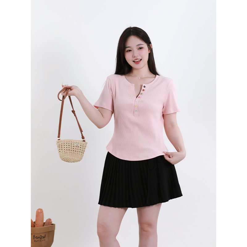 夏大大大码女装 韩版多巴胺小香风设计感上衣气质显瘦针织短袖T恤