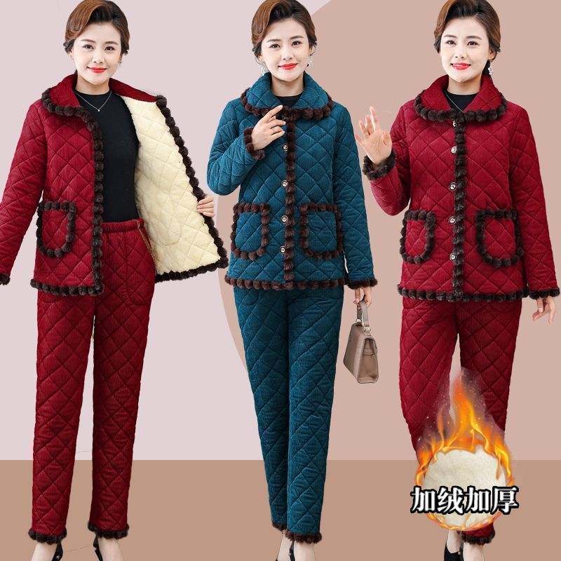 妈妈装加绒加厚棉衣棉裤套装女冬季新款中老年保暖棉服棉袄两件套