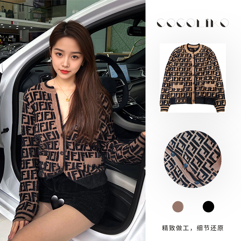 秋冬新款针织开衫外套女圆领长袖水貂毛毛衣复古气质洋气百搭外穿