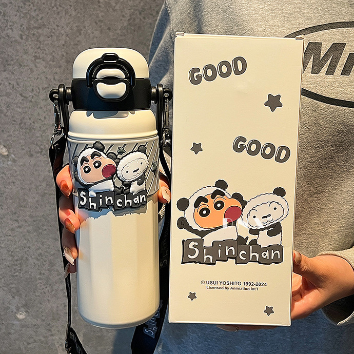 蜡笔小新弹盖保温杯不锈钢可爱水杯男女生吸管杯子儿童背带双饮杯