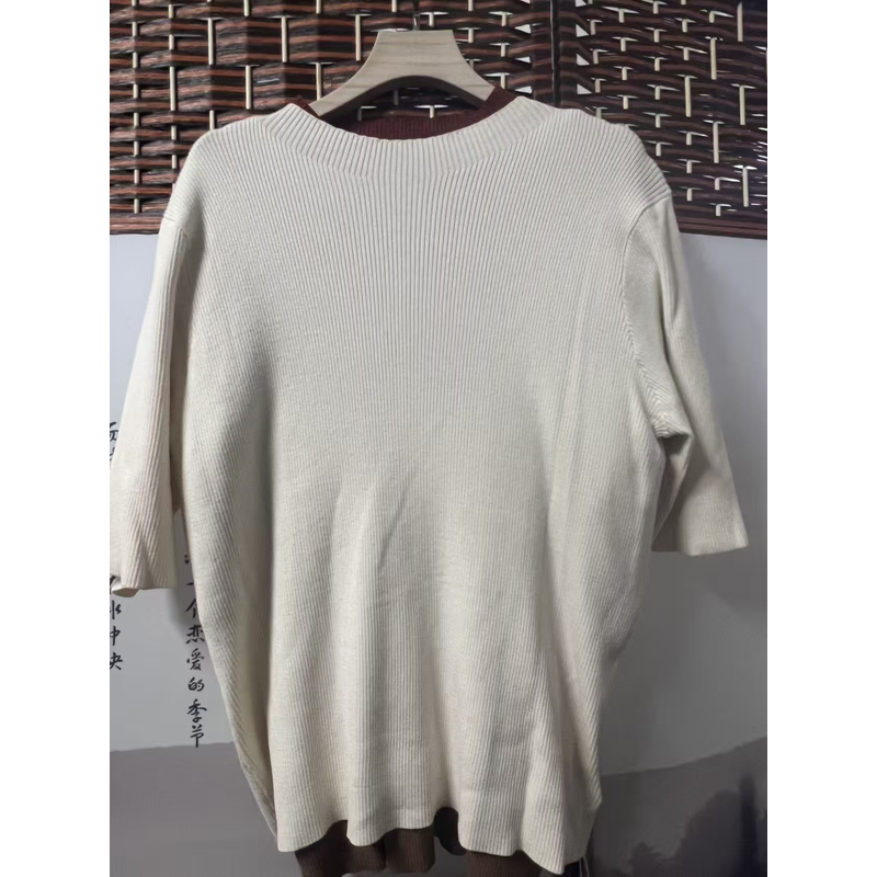 LX孤品上衣打底圆领高弹竖条纹短袖针织衫22689