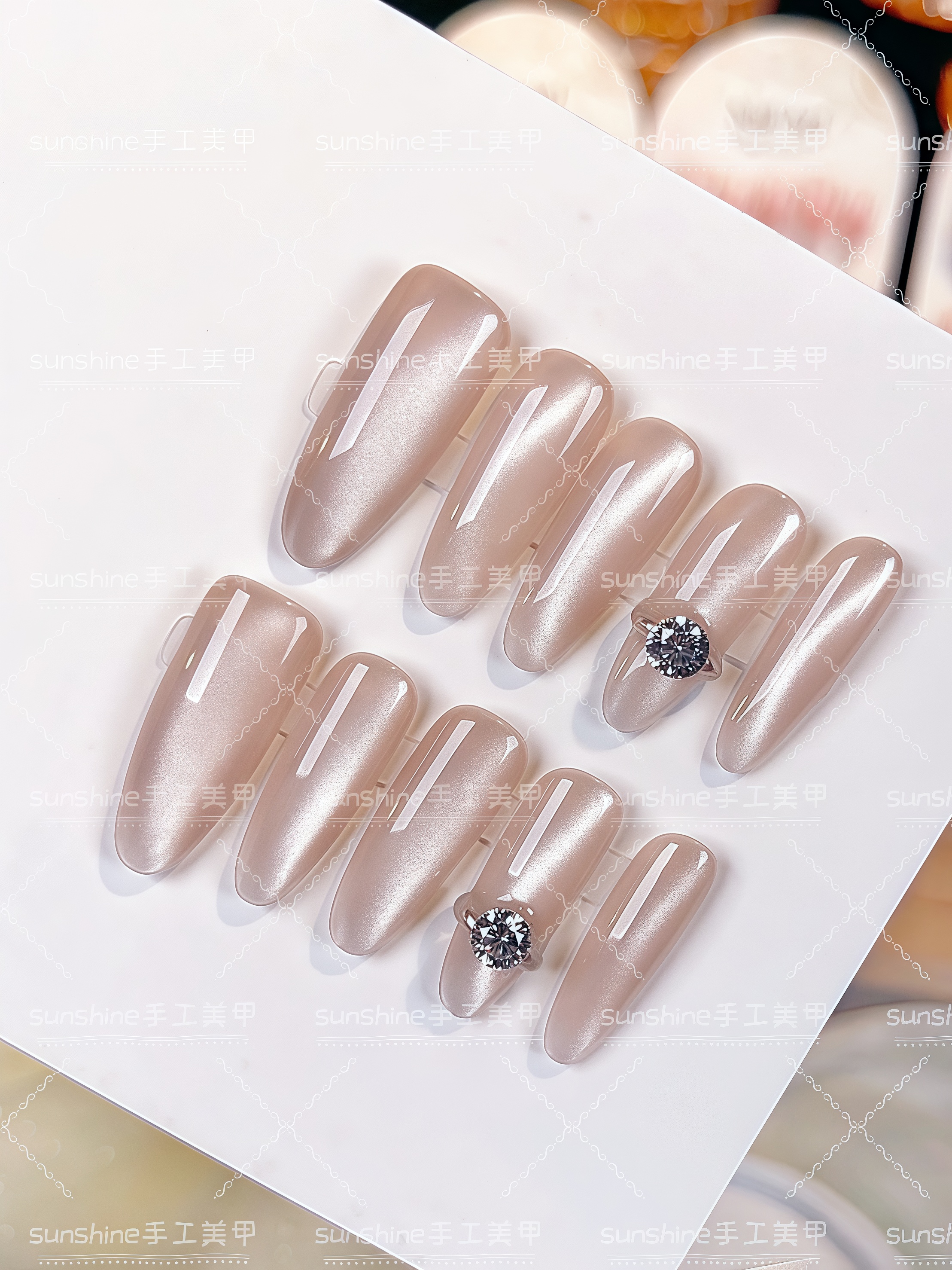 【落星】裸色水滴猫眼纯手工穿戴甲美甲贴片轻奢极简甲片H007