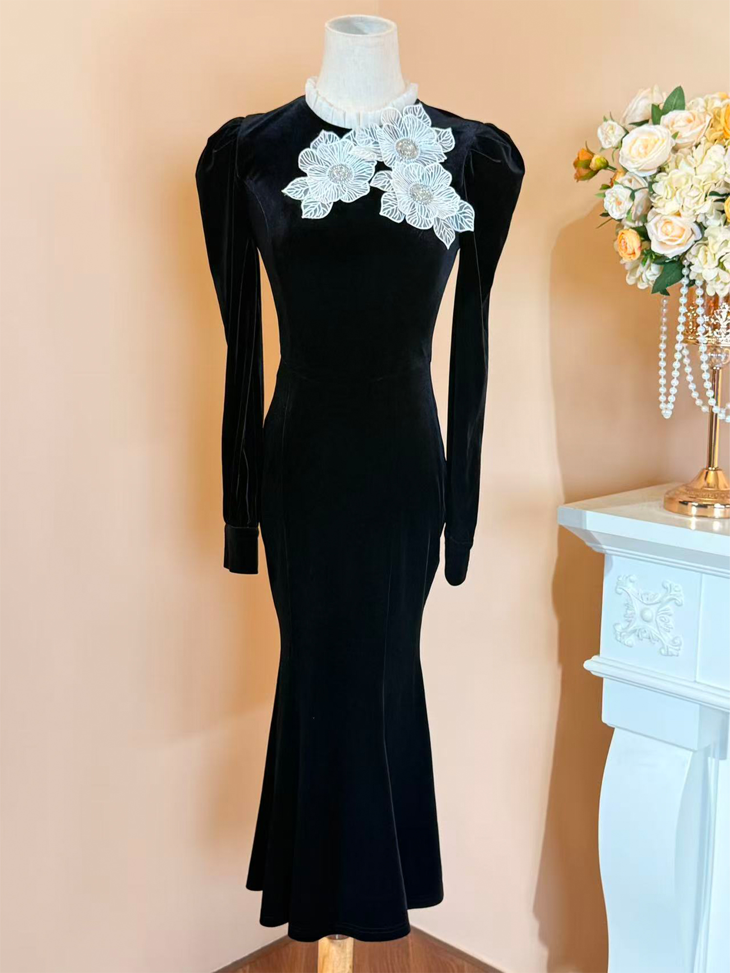 【十六定制】法式氛围感气质黑色立体花卉设计感连衣裙41461