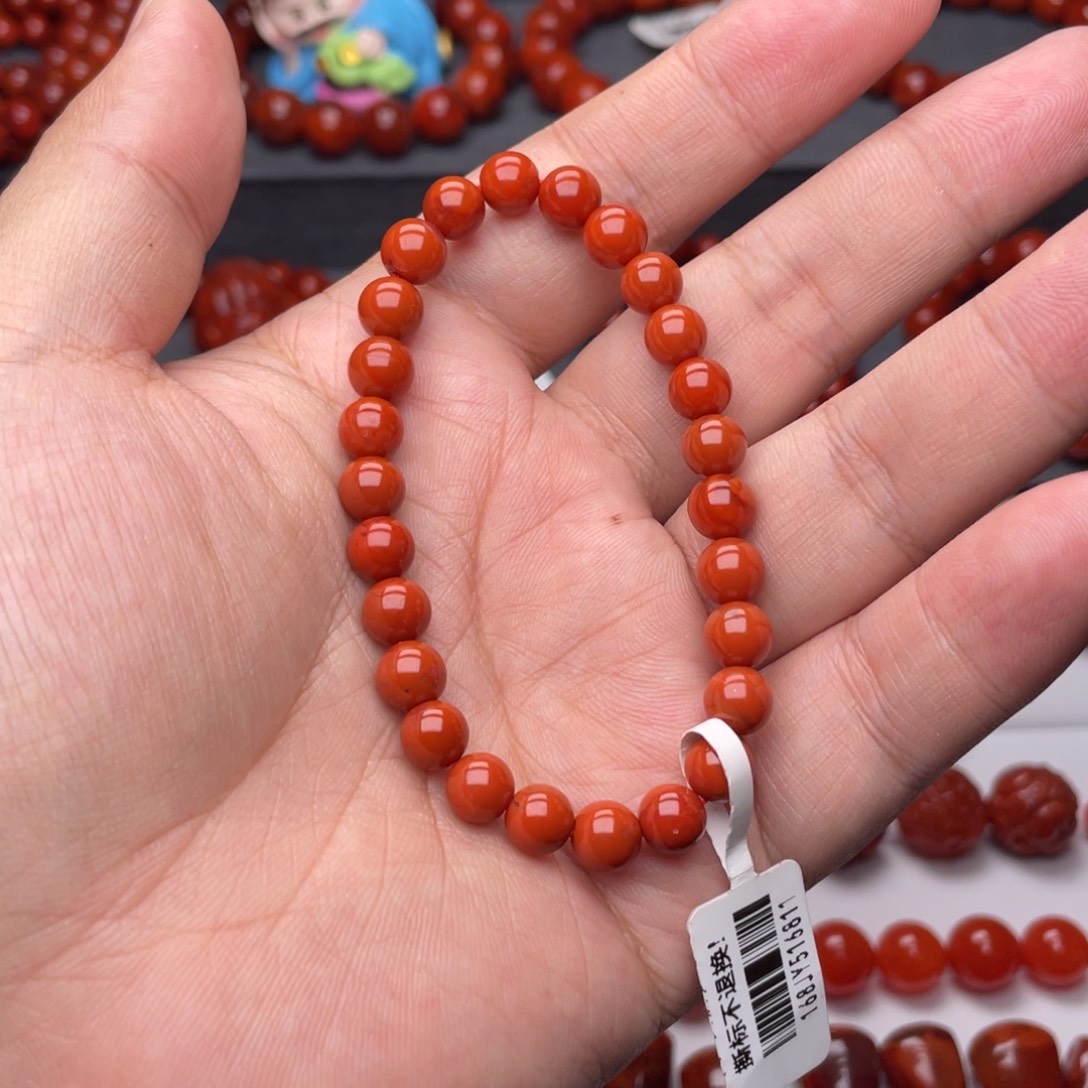 南红玛瑙未镶嵌手串7mm顶品瓦西几乎满色满肉柿子红手串