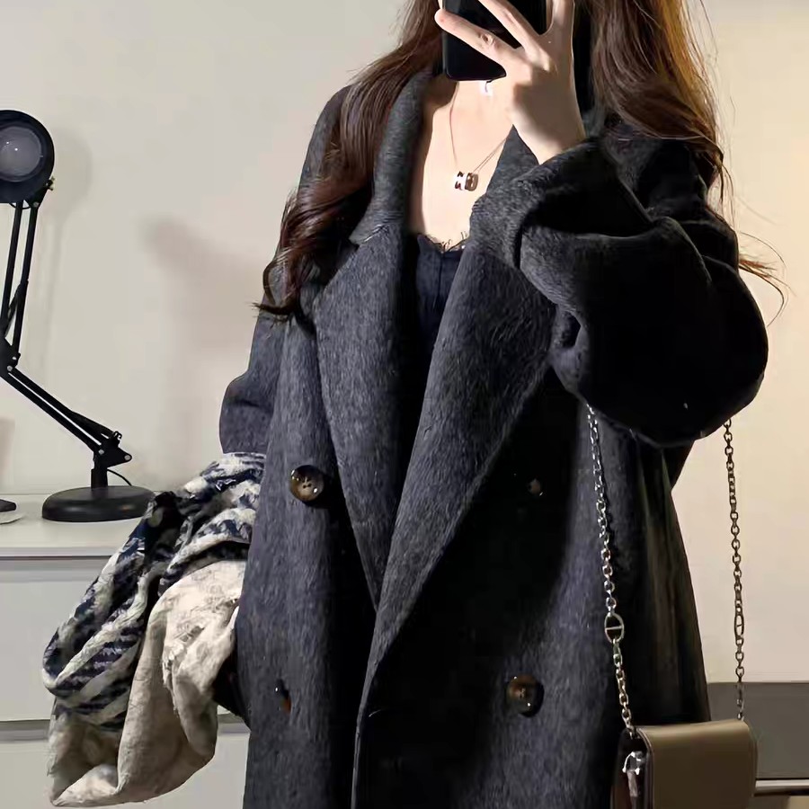中长款双面毛呢外套女秋冬季小个子韩系宽松高级感大衣